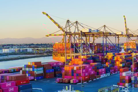 Container terminal with cranes at Long Beach port