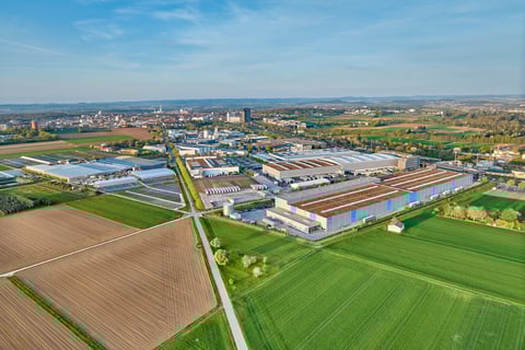 Aerial photo of industrial district with factories and logistics facilities