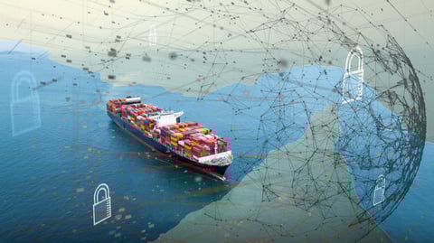 Container ship with digital security lock and network overlay representing global supply chain