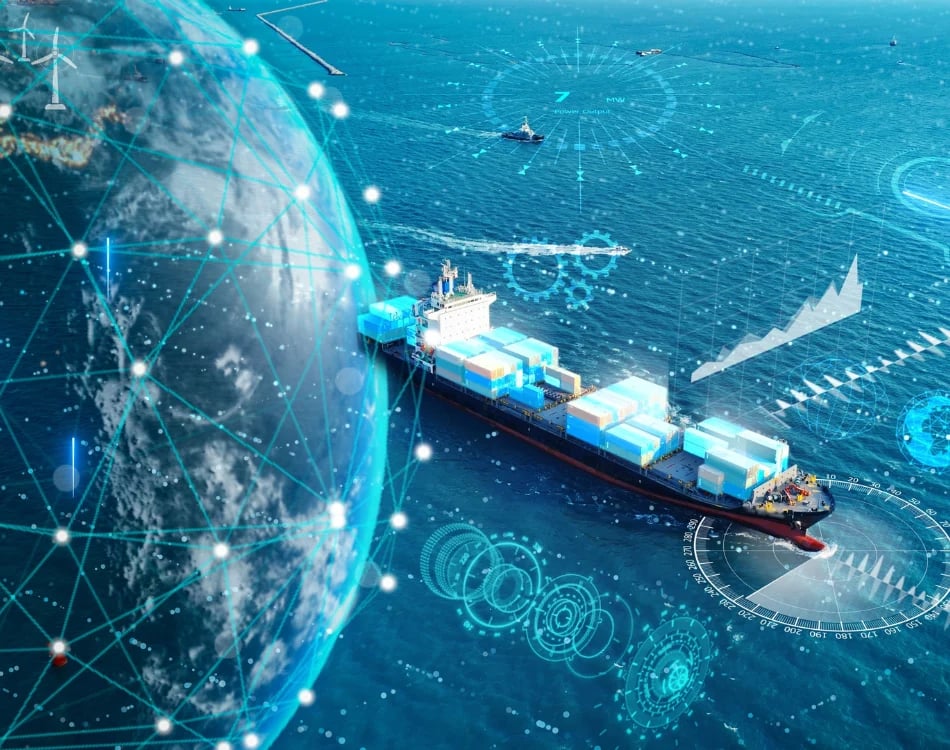 Cargo ship with digital globe overlay and network connections representing global shipping and logistics technology